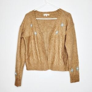 Hazel Moon Cardigan Tan Floral Cabel Knit Size XL